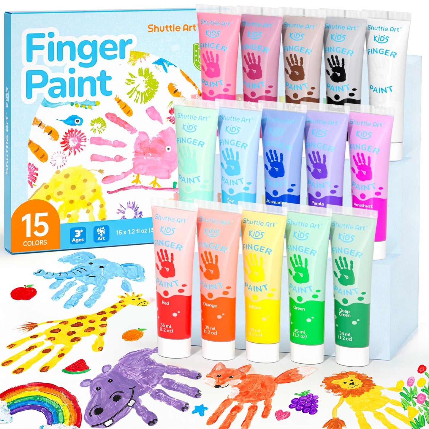 Shuttle Art Washable Finger Paint for Toddlers, 15 Vibrant Colors (1.2 fl oz) Toddler Paint, Non-Toxic Finger Painting for Toddlers 1-3, Kids Arts