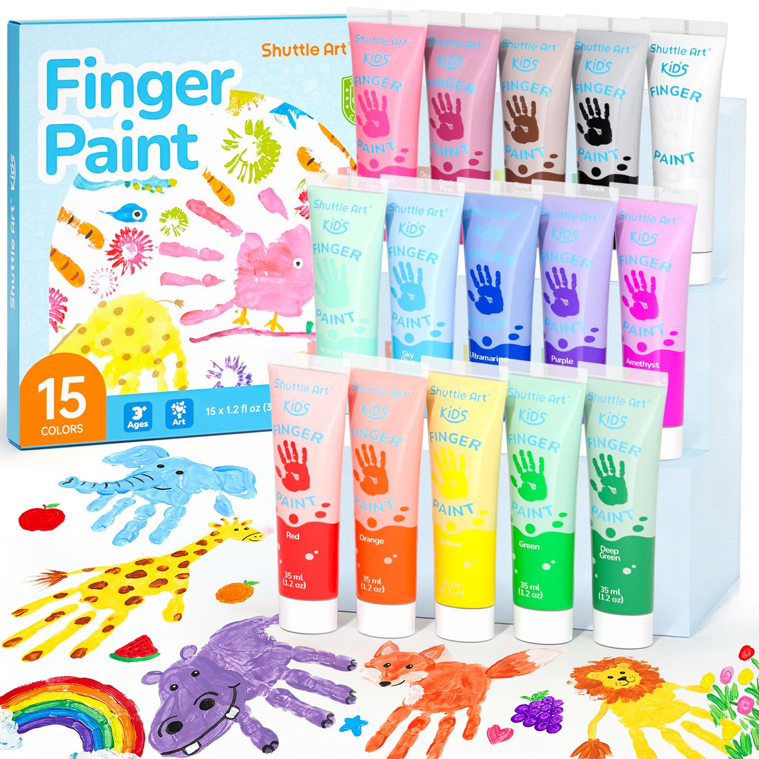 Shuttle Art Washable Finger Paint for Toddlers, 15 Vibrant Colors (1.2 fl oz) Toddler Paint, Non-Toxic Finger Painting for Toddlers 1-3, Kids Arts