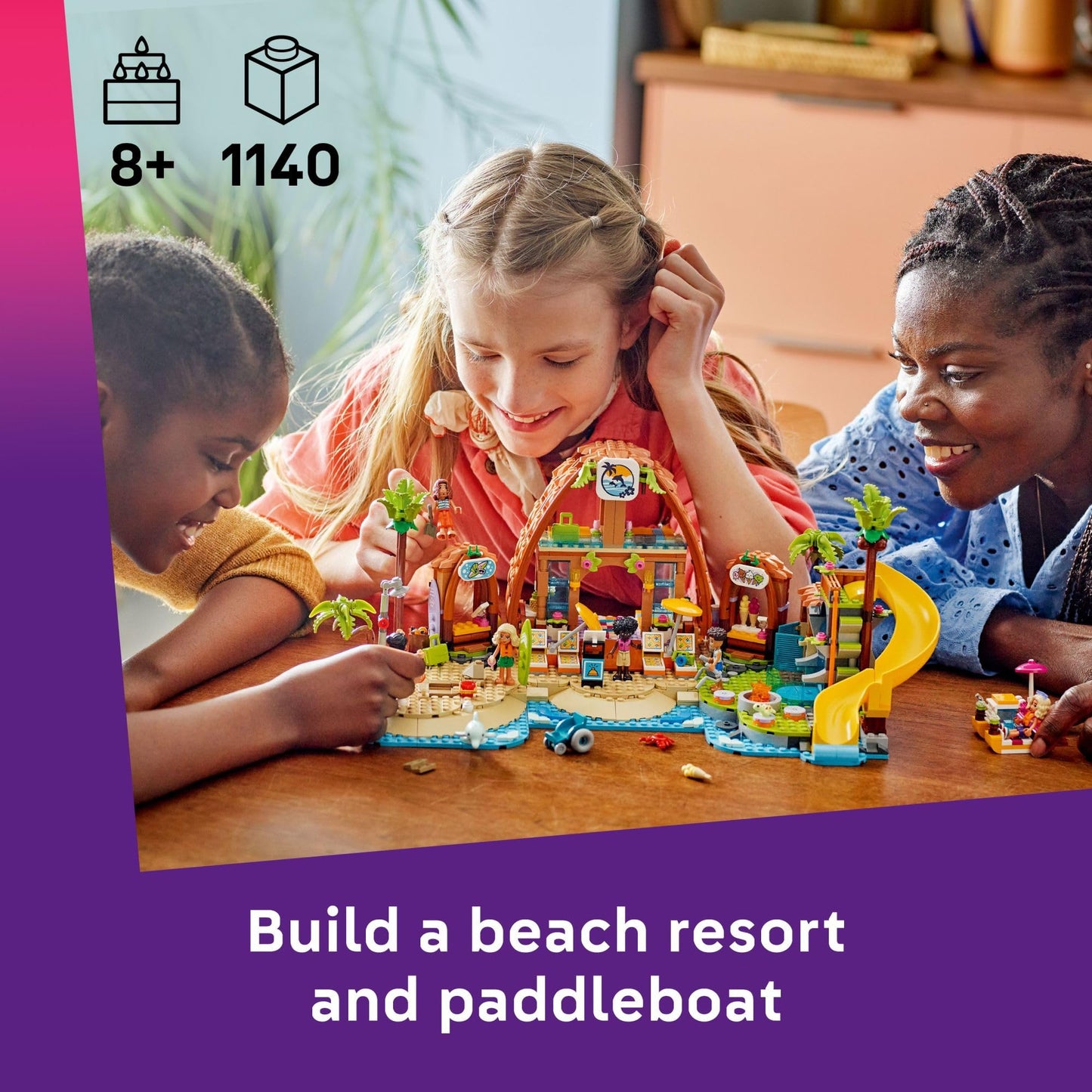 LEGO Friends Family Vacation Beach Resort Pretend Play Building Toy - Adventure Storytelling Playset with Dolphin Toys and Sea Turtles - Creative