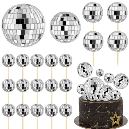 21 PCS DIY Disco Ball Cupcake Toppers Reflective Mirror Ball Cake Decorations for Disco Theme Party Ornament 0.79in 1.18in 1.97in 2.76in