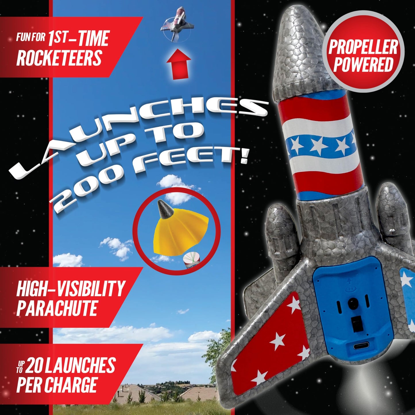 Hyper Drive SkyTwister Rocket - Rechargeable Electric Launch Rocket With Parachute Deploy - Flies Up To 200 Feet - Safe Toy For Kids Ages 8+ - Fully