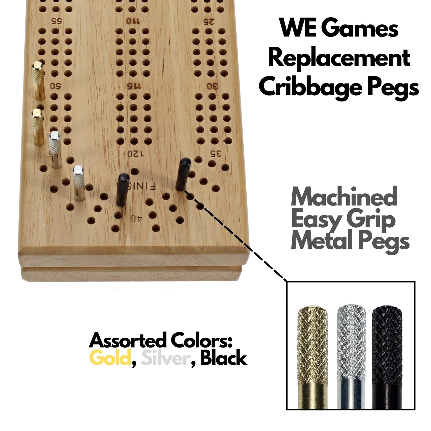 WE Games Cribbage Board Pegs Metal, Set of 9 Machined Cribbage Pegs Unique, 3 Colors (Brass, Silver & Black) Felt Pouch for Travel, Bulk Cribbage