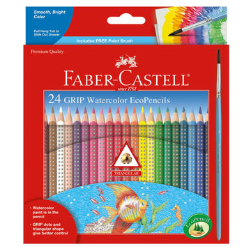 Faber-Castell Grip Watercolor EcoPencils | 24 Watercolor Pencil Set with Brush | Draw, Blend & Paint | Kids Art Set, Art Supplies for Kids | Beginner