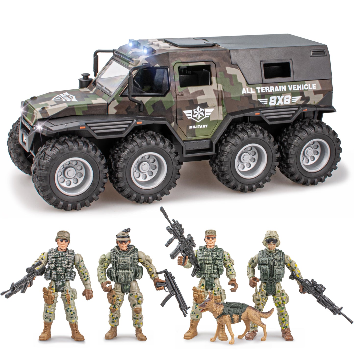 i diy Military Vehicle & Police Car Toy Set with Sound Lights Music, 4 Army Men Action Figures & K9 Dog - Friction Powered Battle Playset for Kids