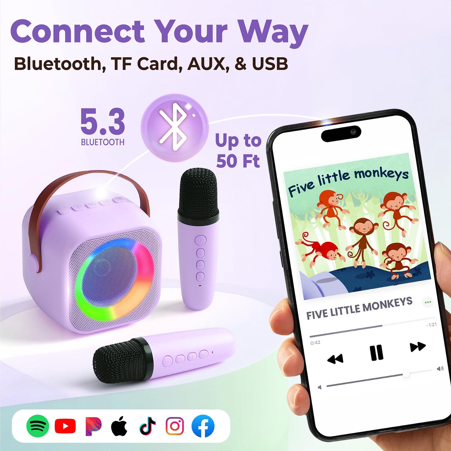 Two3Sevens Mini Karaoke Machine for Kids | Pre-Loaded 25 Kids Songs | Bluetooth Speaker, 2 Wireless Microphones | Ages 3, 4, 5, 6, 7+ Year Old