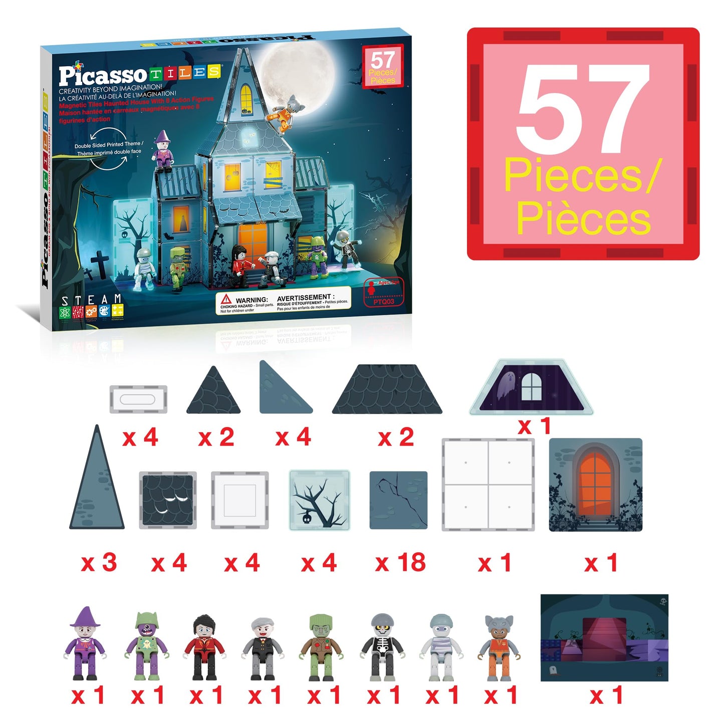 PicassoTiles Scary Haunted House Magnetic Tiles Building Block with 8 Halloween Theme Action Figure Magnet Construction Toy Kit Double-Sided Mansion