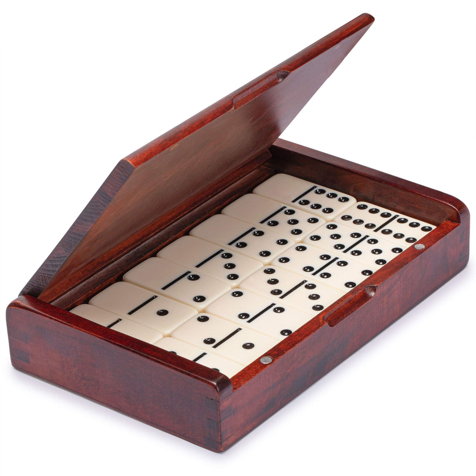 Yellow Mountain Imports 28 Tiles Double 6 Dominoes (Pips/Dots) Game Set - Jumbo Tournament Size Dominos with Dark Oak Wood Case