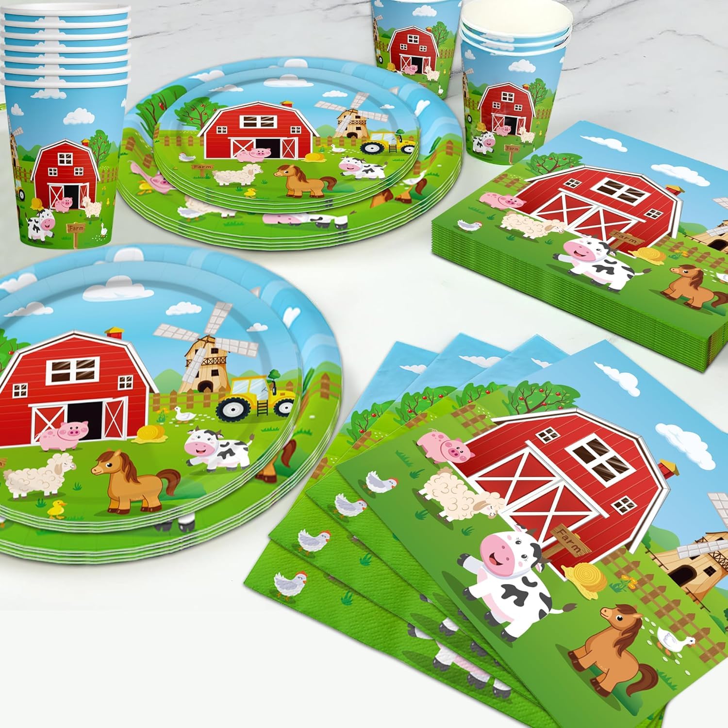 Farm Animal Birthday Party Decorations Farm Plates Tableware Barnyard Farm Birthday Party Supplies Serves 25 Farm Themed Cups, Farm Animal Napkins Red