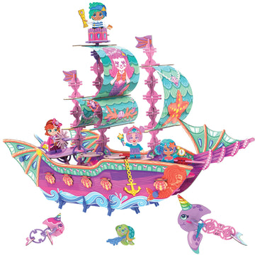 PINXIES Marvelous Mermaid Ship | Build-Your-Own Magical Boat Play Set, Kids 3D Puzzle Toy - STEM Girl Toys Ages 6-7 and Up