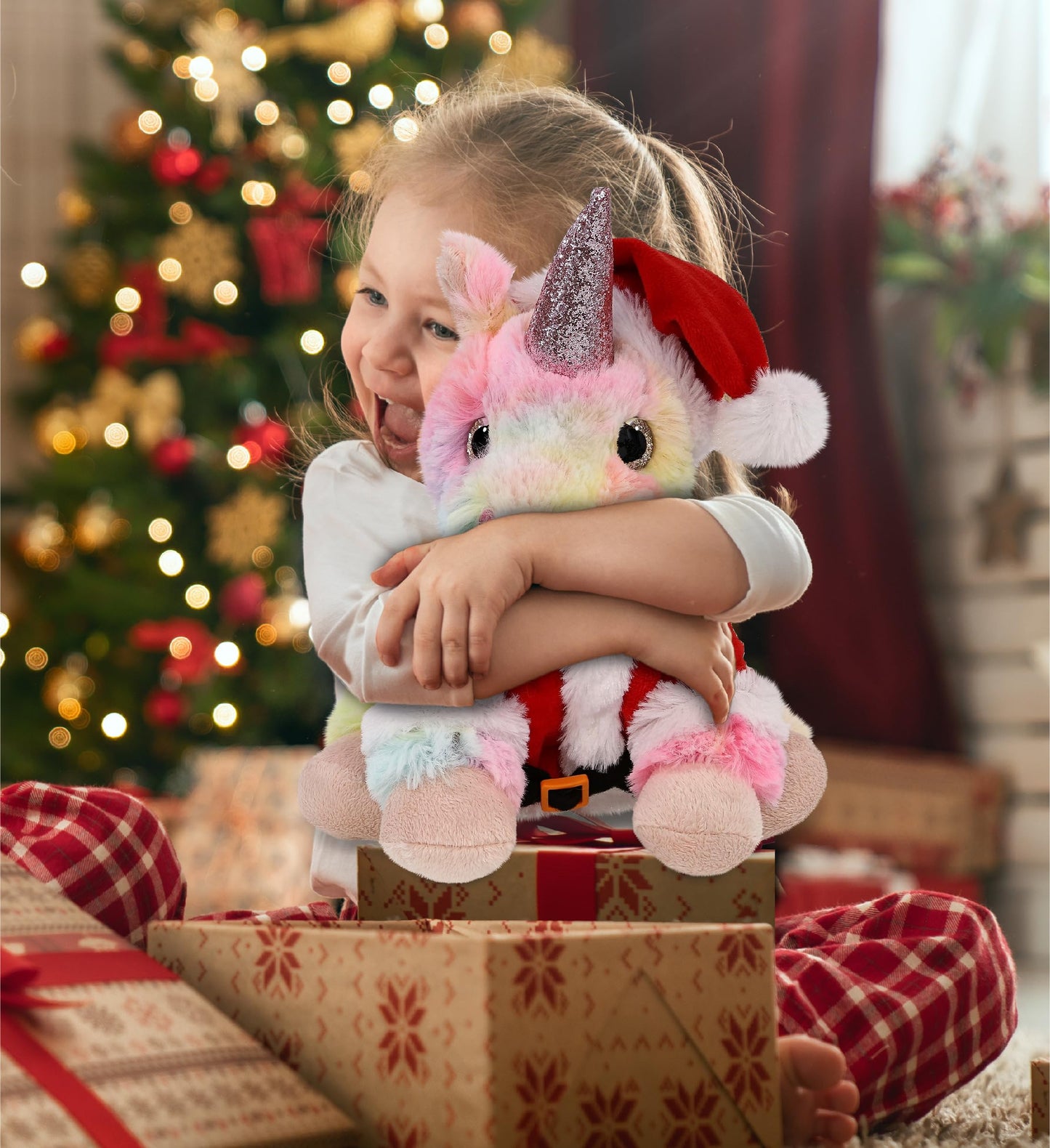 DolliBu Santa Rainbow Unicorn Stuffed Animal Plush Toy - Super Soft Dress Up with Red Santa Claus Outfit, Cute Unicorn Gift Perfect Holiday with Name