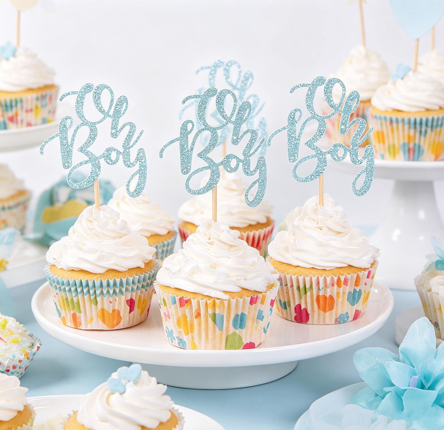 Blue Oh Boy Cupcake Toppers Party Decors Baby Shower Decoration Picks - Set of 24