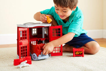 Green Toys Fire Station Playset - 8 Piece Pretend Play, Motor Skills, Language & Communication Kids Role Play Toy. No BPA, phthalates, PVC. Dishwasher