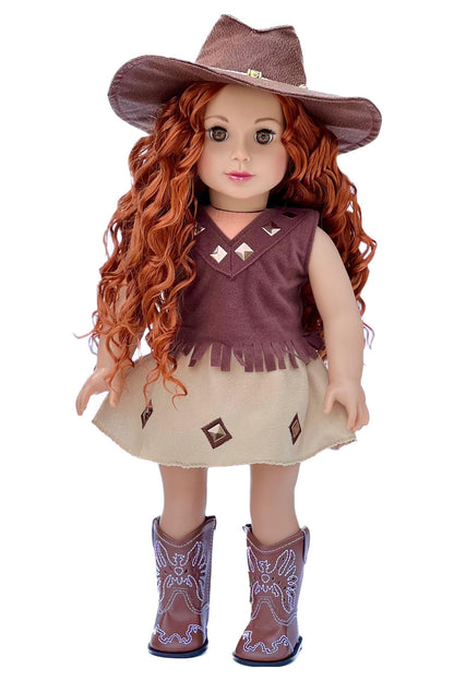 Cowgirl - 4 Piece 18 inch Doll Outfit - Cowgirl Hat, Skirt, Top and Cowgirl Boots - (Doll Not Included)