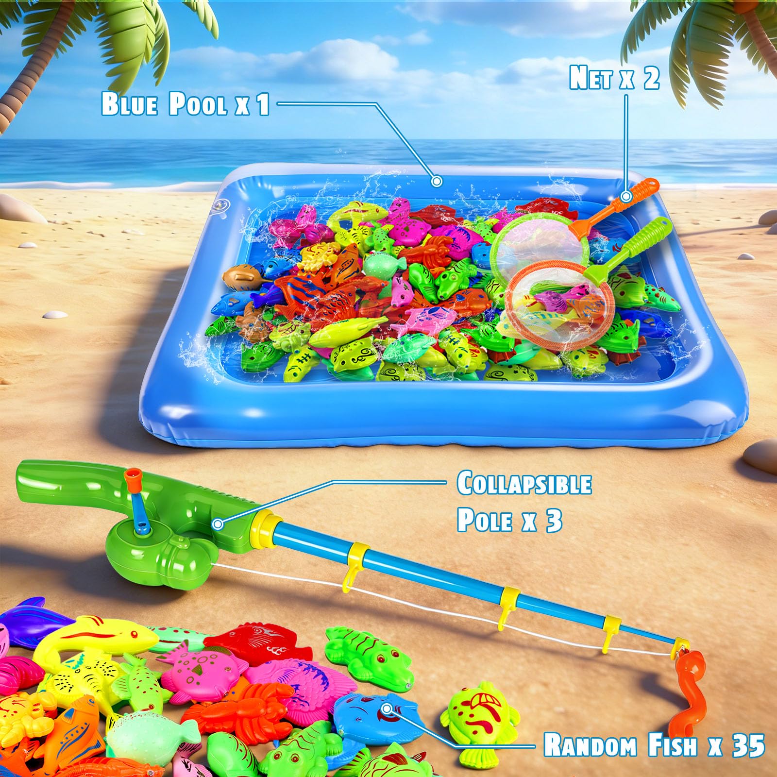 CozyBomB™ Magnetic Fishing Toys Game Set for Kids | Water Table Bathtub Kiddie Pool Party Pole Rod Net, Outdoor Plastic Floating Fish, Toddler Bath