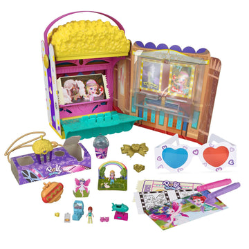 Polly Pocket Un-Box-It Playset, Popcorn Shaped Box Opens to a Movie Theater Adventure, 20 Accessories Including 2 Micro Dolls & 3 Tiny Takeaways