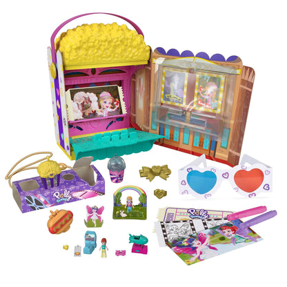 Polly Pocket Un-Box-It Playset, Popcorn Shaped Box Opens to a Movie Theater Adventure, 20 Accessories Including 2 Micro Dolls & 3 Tiny Takeaways