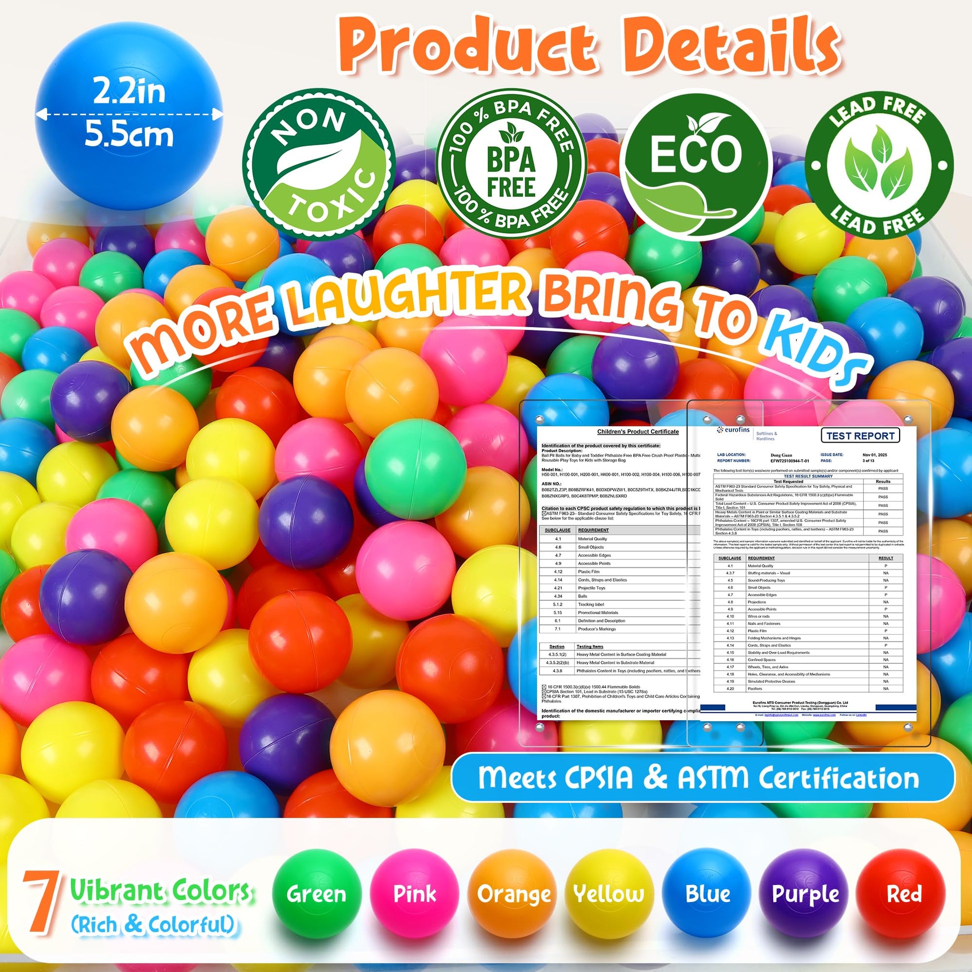 Hovenlay Ball Pit Balls Phthalate Free BPA Free Crush Proof Plastic - 7 Bright Colors in Reusable Play Toys for Kids with Storage Bag