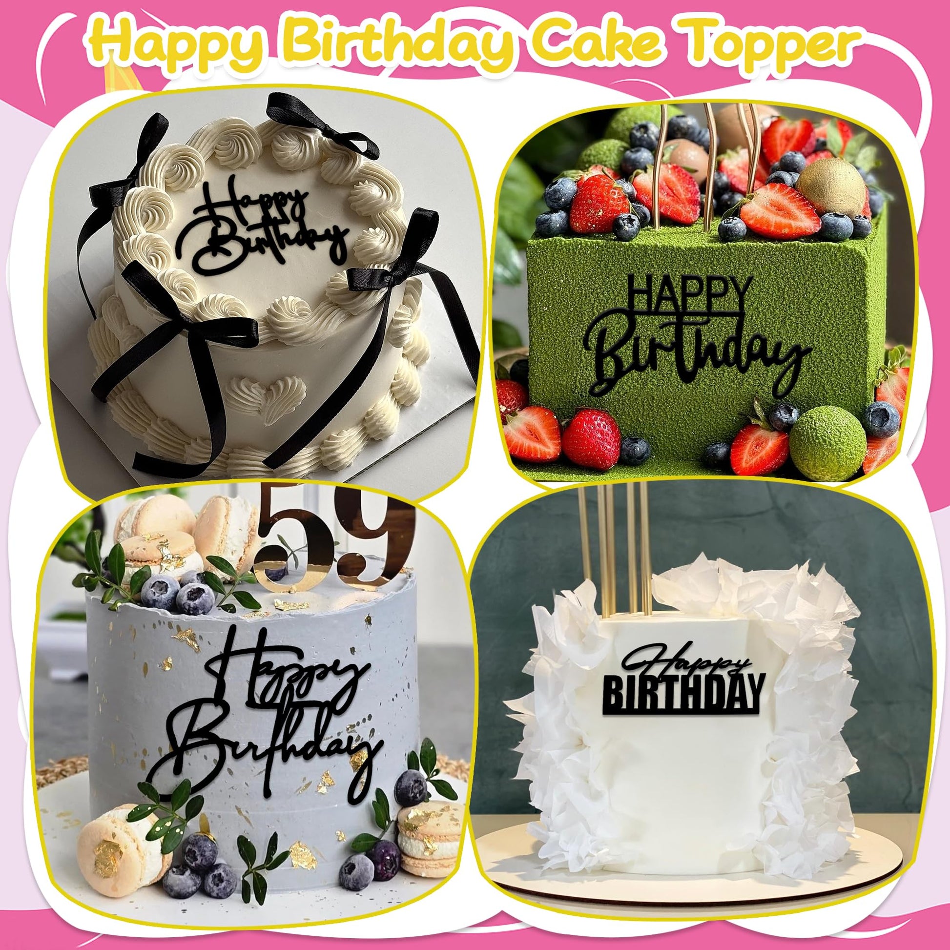 15 PCS Black Happy Birthday Cake Toppers Acrylic Mirror Inserts for Cakes Cupcakes Desserts 15 Styles