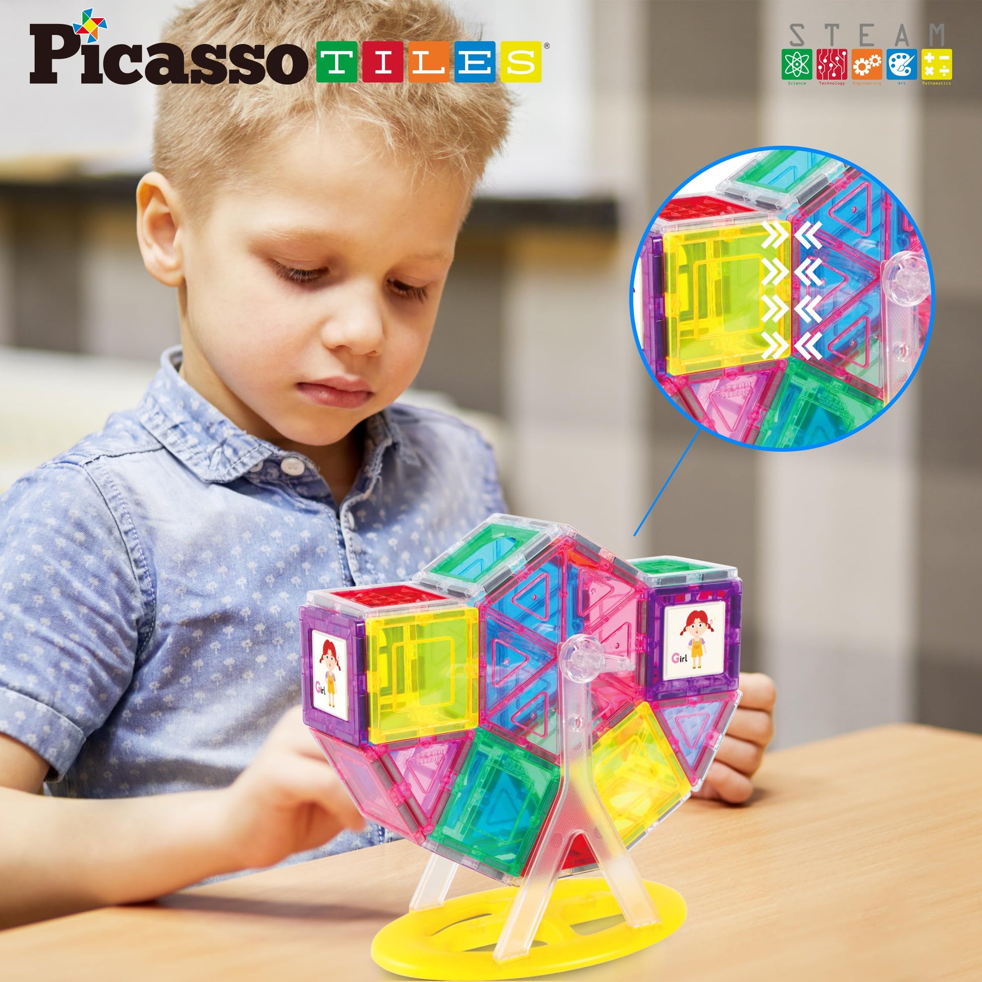 PicassoTiles Magnet Tile Building Blocks Ferris Wheel Amusement Rotating Accessory Kit Compatible with Full Sized Magnetic Tiles Construction Toy Set