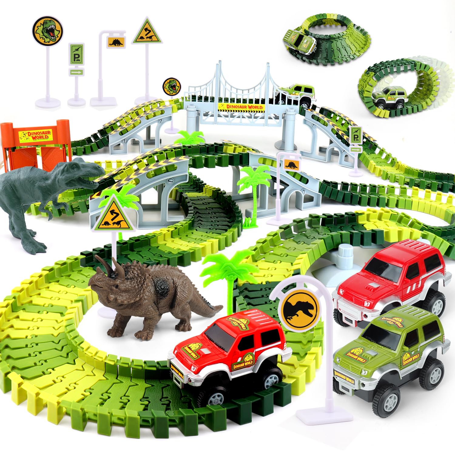 Dinosaur Race Track Toys for Boys 3-5, Flexible Bridge Car Track Set with 2 Toy Cars & Dinosaur Figures, Adventure Race Track Playset for Boys Age 4-7