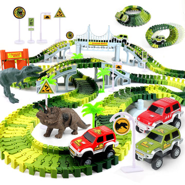 Dinosaur Race Track Toys for Boys 3-5, Flexible Bridge Car Track Set with 2 Toy Cars & Dinosaur Figures, Adventure Race Track Playset for Boys Age 4-7