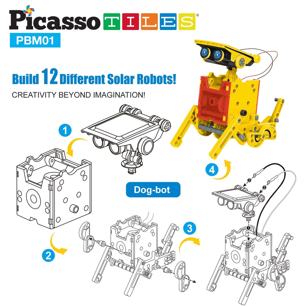 PicassoTiles 12-in-1 Solar Powered Transform Robot Set STEM Kids Educational Learning Engineering Building Toy Creative Unique Transformation Energy