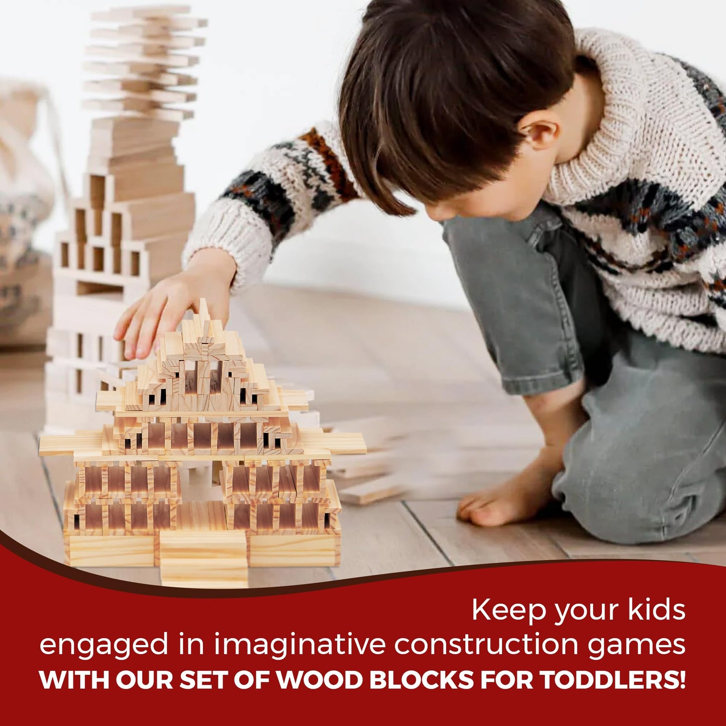 OWT Wooden Building Planks for Kids | 100 Piece STEM Construction Blocks Set for Creative Play | Educational Wood Building Toys for Boys and Girls