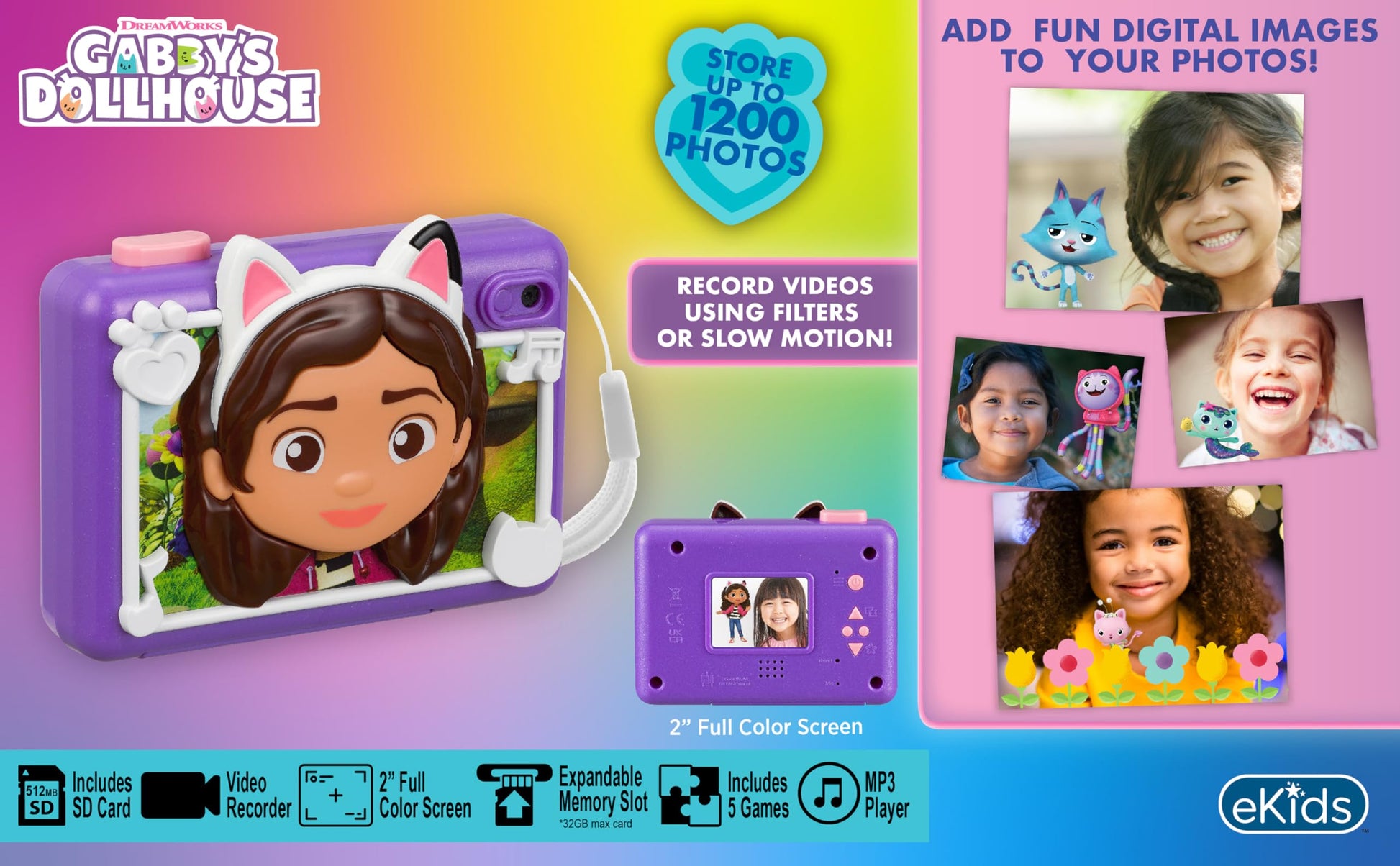ekids Gabbys Dollhouse Kids Camera with SD Card, Digital Camera for Kids with Video Recording, Built-in Digital Stickers for Fans of Gabbys Dollhouse