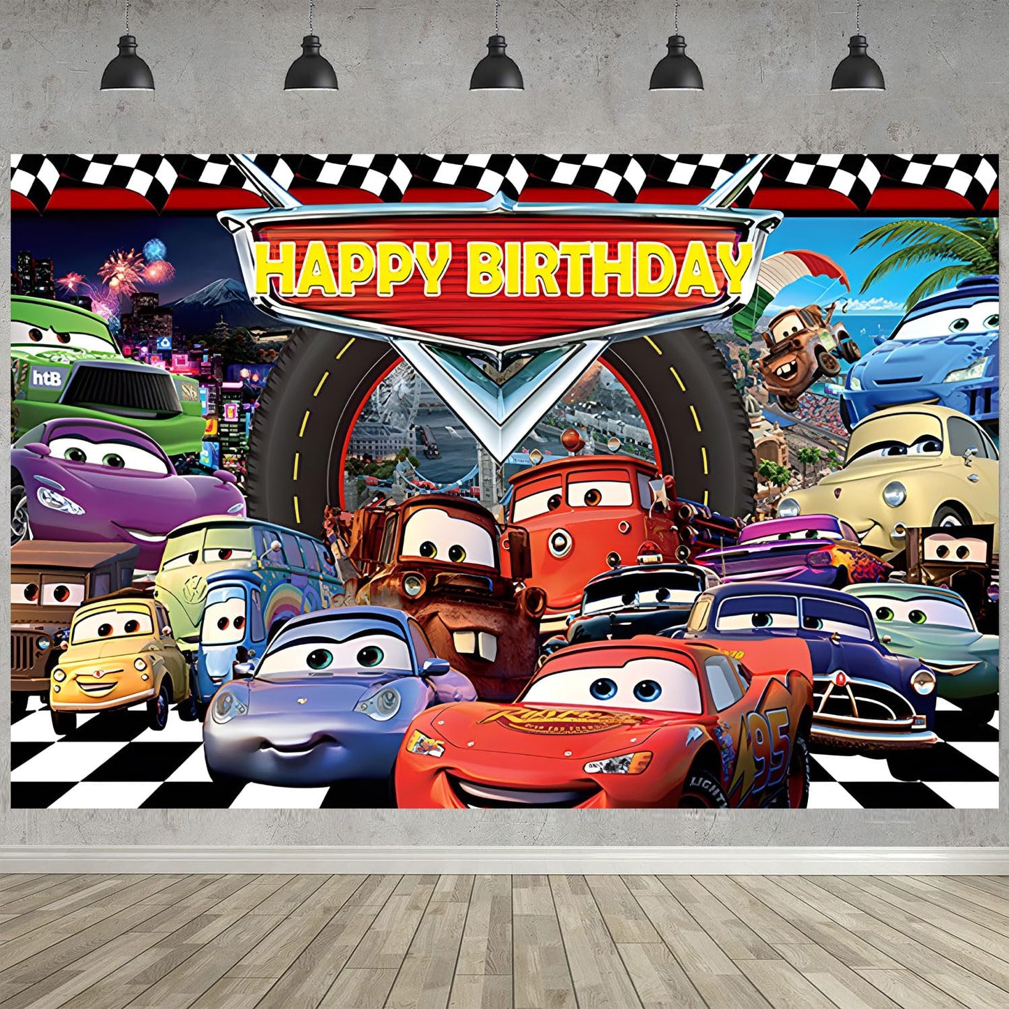 Cartoon Race Car Birthday Party Decoration,Lightning Party Photo Background 5 x 3 FT and 18 Pcs Balloon,Merch Party Backdrop Supplies