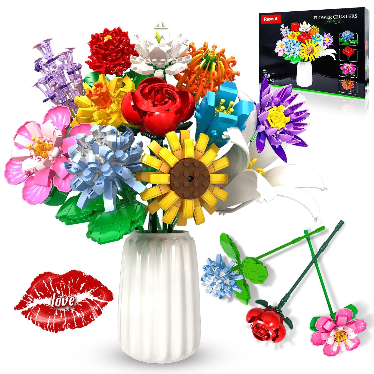 Rasout Flowers Bouquet Building Set - 12 Kinds of Flowers Botanical Collection and Decorative Home for Mother's Day, Birthdays, Gifts Ideal for 6+