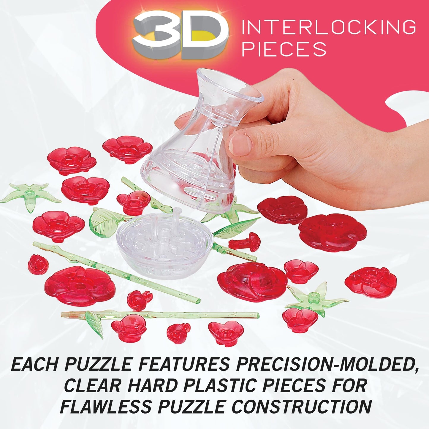BePuzzled | Roses in Vase Original 3D Crystal Puzzle, Ages 12 and Up, Red