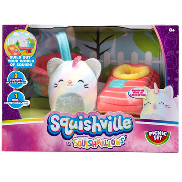 Squishville by Squishmallows Plush Room Accessory Set, 2” Camilla Mini-Squishmallow and 2 Plush Accessories, Marshmallow-Soft Animals, Picnic Toys