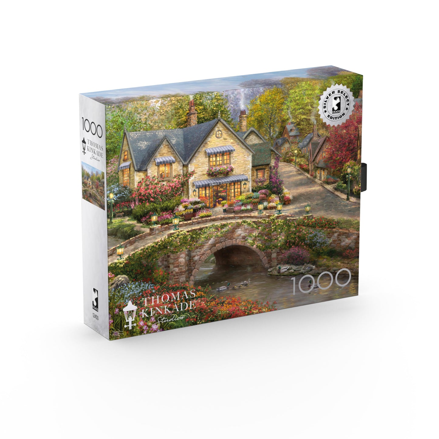 Buffalo Games Thomas Kinkade Summer in Cobblestone Village 1000 Piece Puzzle - Silver Select Premium Jigsaw Puzzle with Foil Accents & Reference