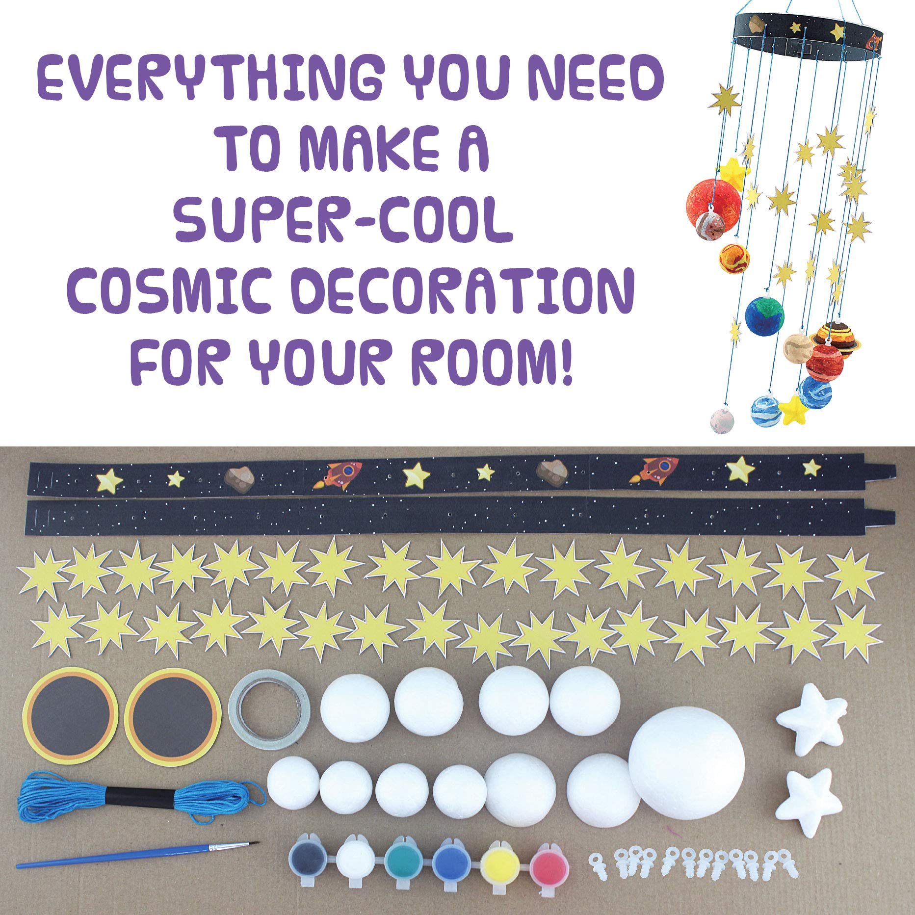 STEM Learning Fun with 3D Solar System Kit: Complete DIY Mobile Hanging Model, 27-Inch Long with 9 Foam Planets & Sun, 3D Solar System with Paintable