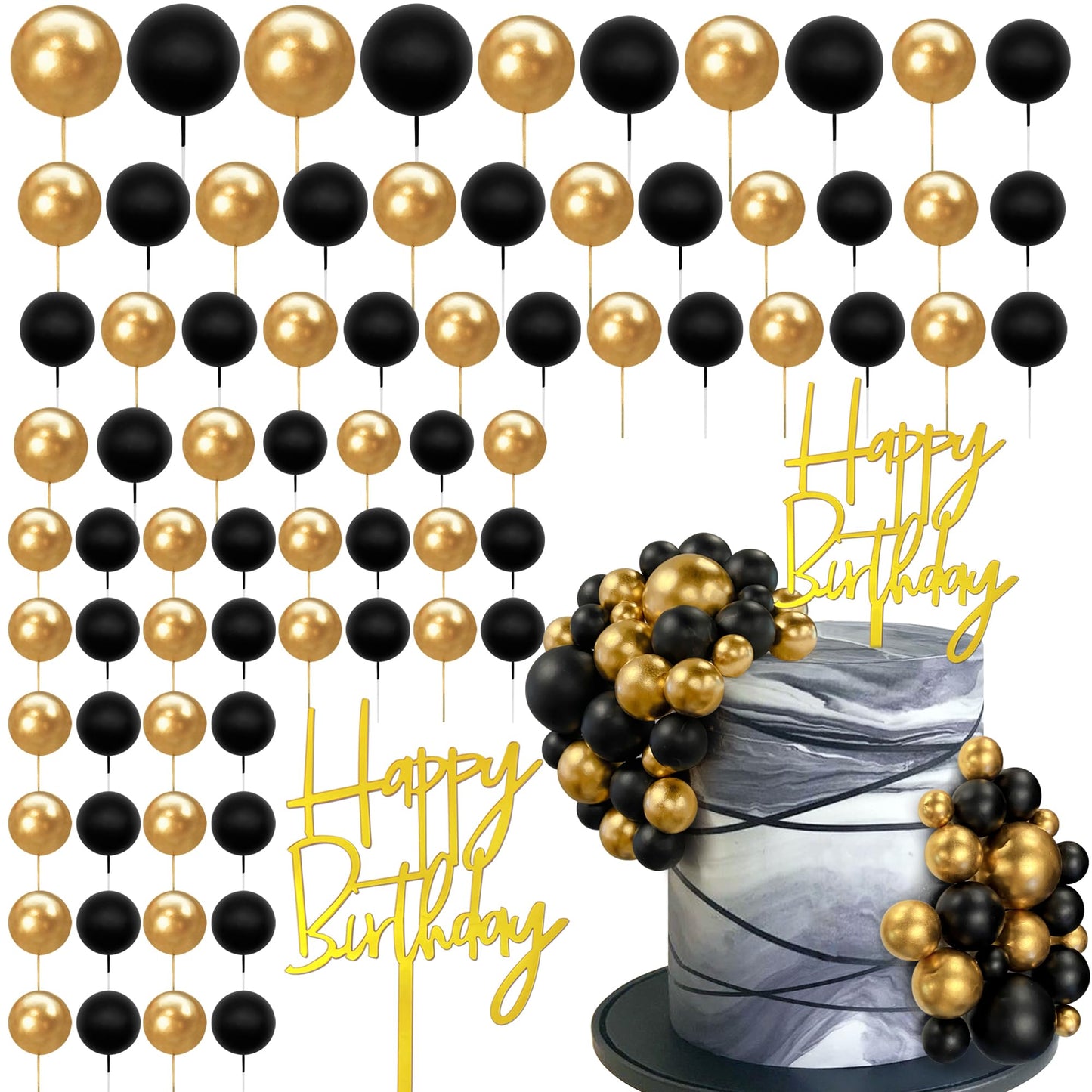 75 PCS Black and Gold Balls Cake Toppers Happy Birthday Insert Card