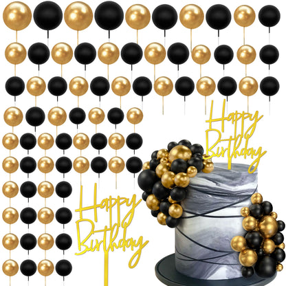 75 PCS Black and Gold Balls Cake Toppers Happy Birthday Insert Card