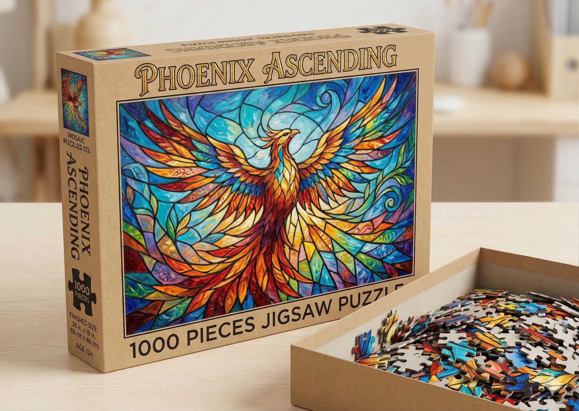 NiceGo 1000 Piece Jigsaw Puzzle for Adults Colorful Stained Glass Rising Phoenix | Vibrant Fantasy Firebird Mosaic Art | 27.5"x19.7" | Challenging