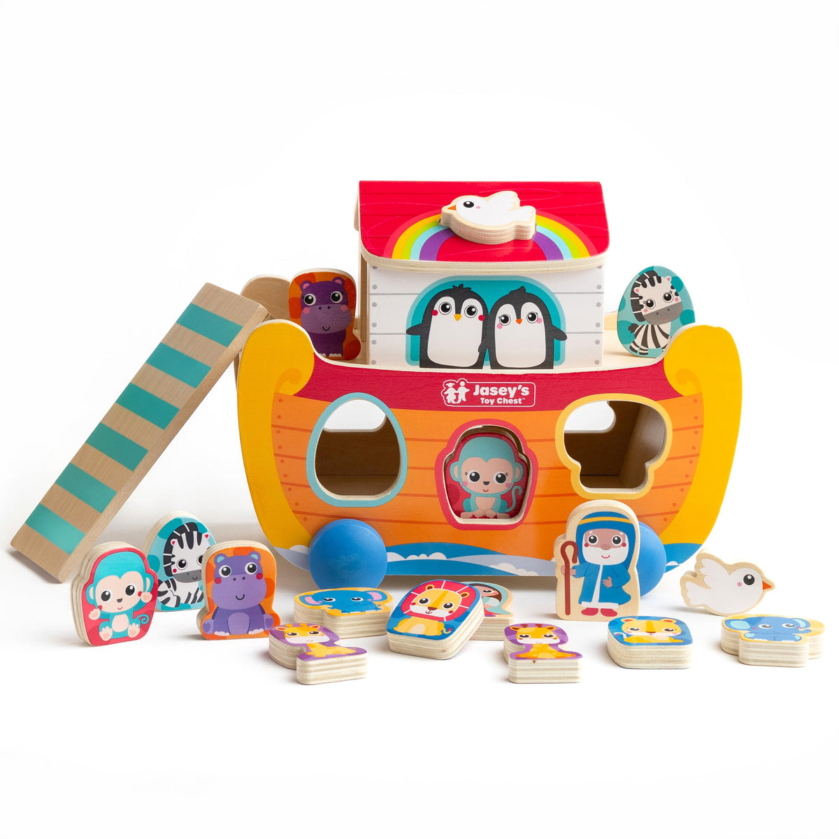 Jasey's Toy Chest Noah's Ark Wooden Sort & Match | 18-Piece Shape Sorting Ark with Animal Pairs, Figures & Ladder | Educational Toy for Toddlers Ages