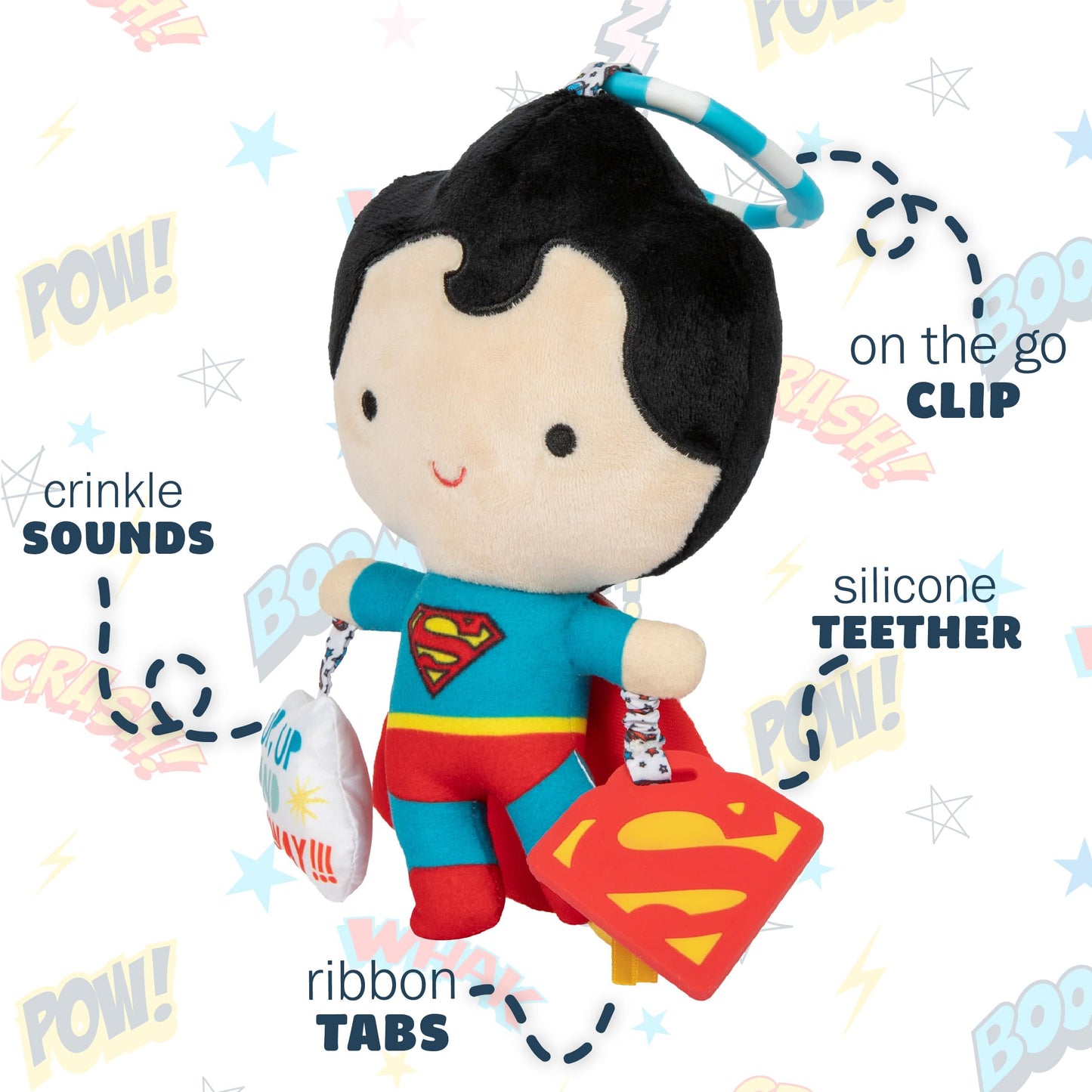 Kids Preferred DC Comics Superman Multi Sensory Activity Toy with Teethers, Crinkle Textures, and Clip for On The Go Fun for Infant and Baby Boys