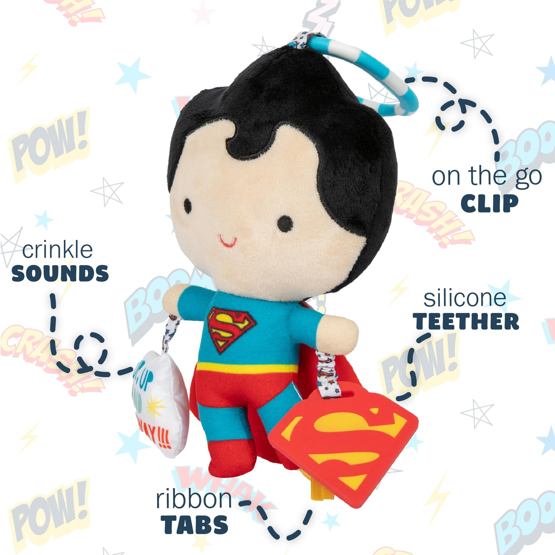 Kids Preferred DC Comics Superman Multi Sensory Activity Toy with Teethers, Crinkle Textures, and Clip for On The Go Fun for Infant and Baby Boys