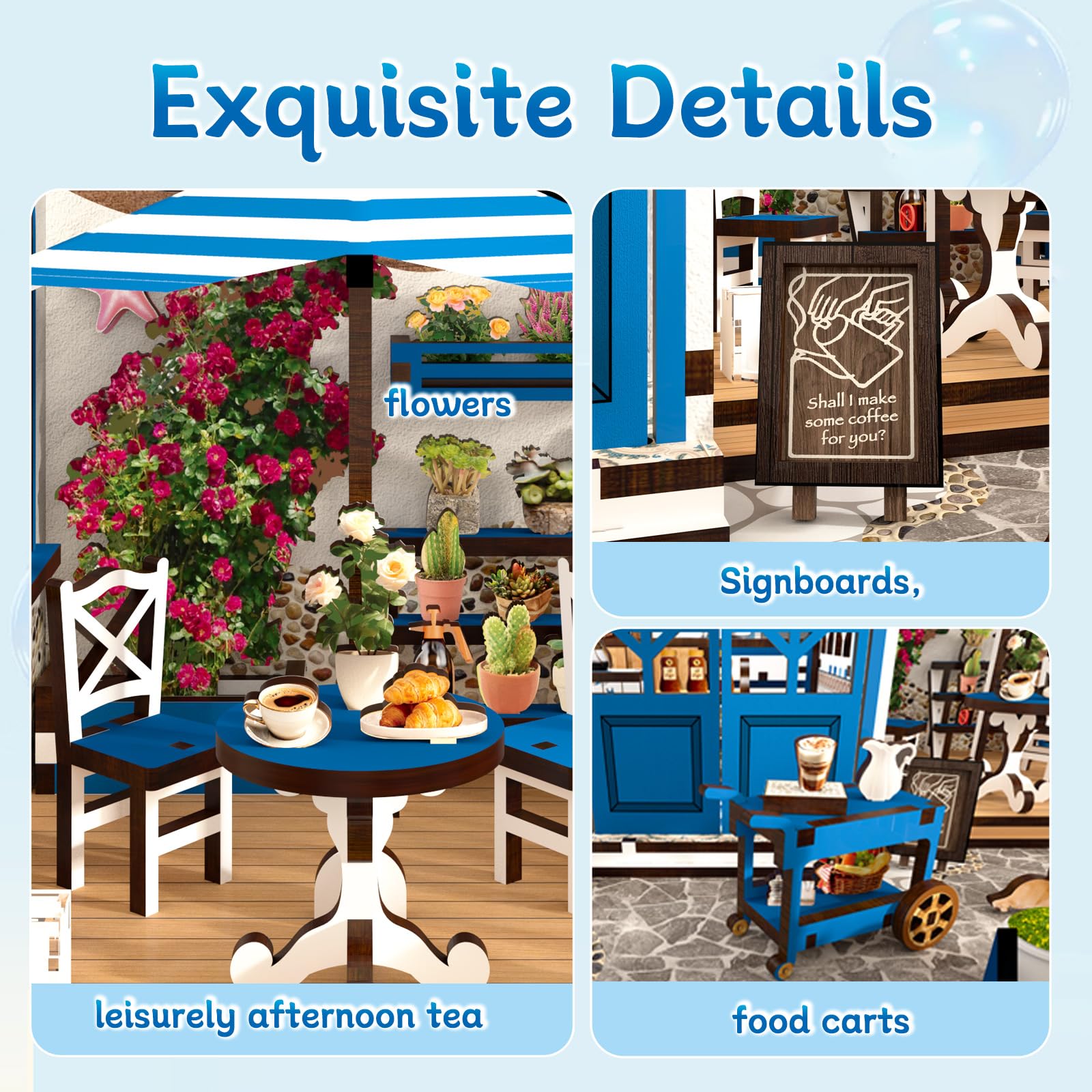 DIY Miniature Dollhouse Kit with Touch LED Light, 3D Wooden Puzzle Santorini Cafe Model, Creative Ocean Style Building Set, Arts and Crafts Gift