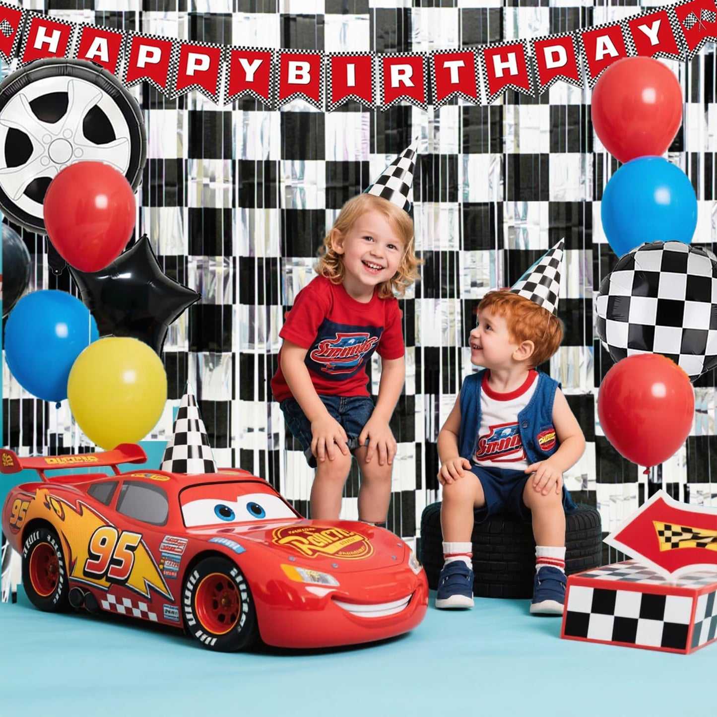Race Car Birthday Party Decoration, 2 Pack Race Car Party Backdrop Photo Booth Prop, Black and Silver Checkered Fringe Curtains Tinsel Photo Streamers