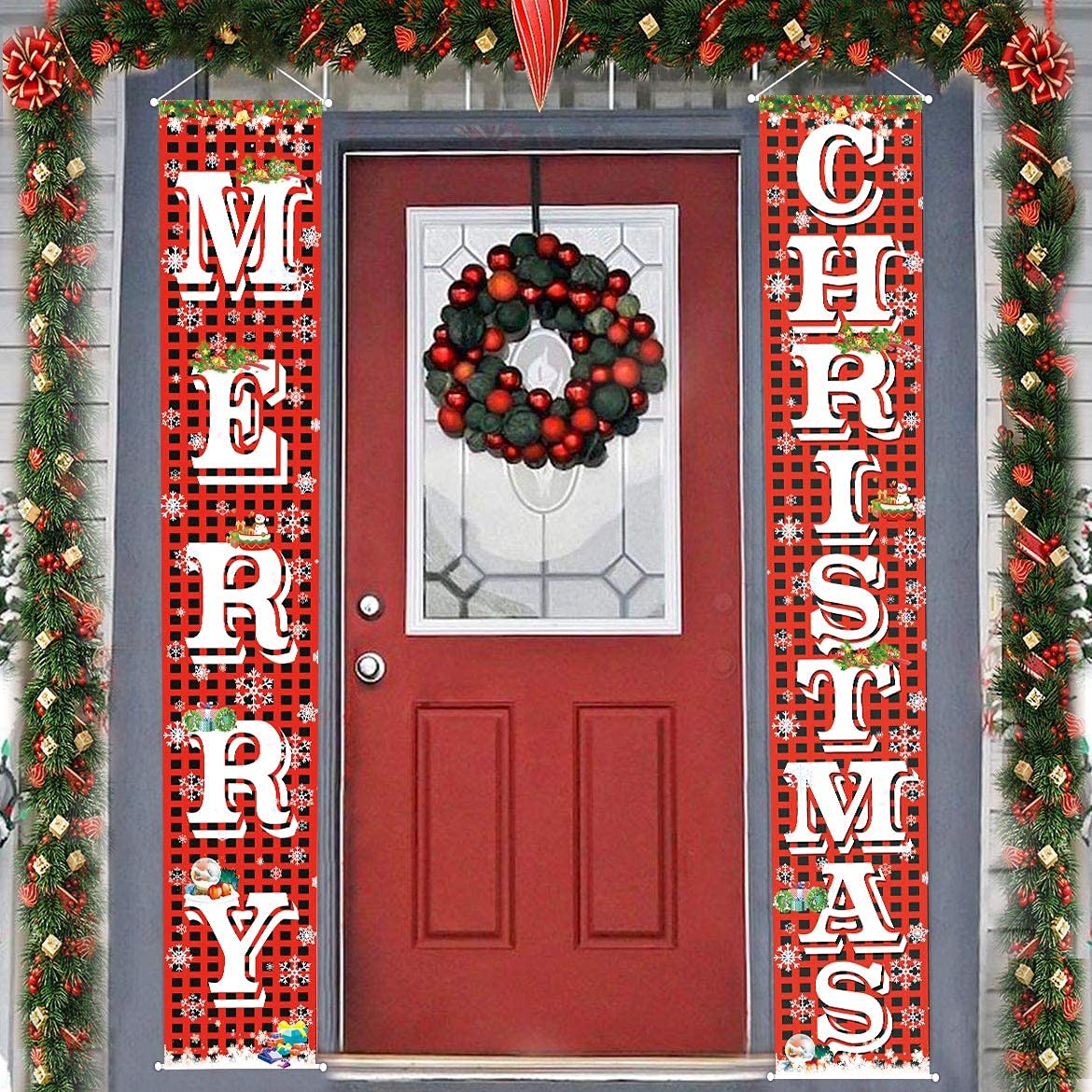 FECEDY Merry Christmas Hanging Banner Porch Sign with Pattern Christmas Tree Presents Snow Banner for Home Yard Indoor Outdoor Wall Door Christmas