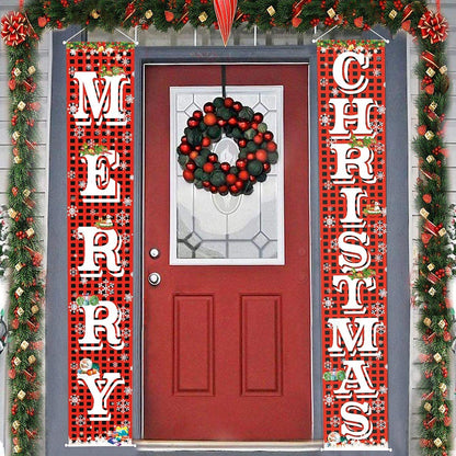 FECEDY Merry Christmas Hanging Banner Porch Sign with Pattern Christmas Tree Presents Snow Banner for Home Yard Indoor Outdoor Wall Door Christmas