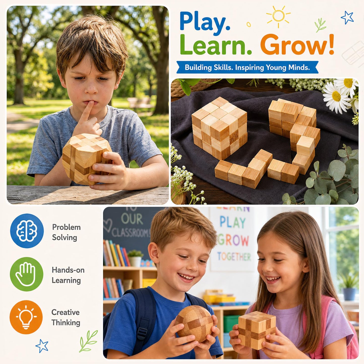 4 Pack Wooden Puzzle Brain Teasers Toy for Kids 3D Puzzles for Teens