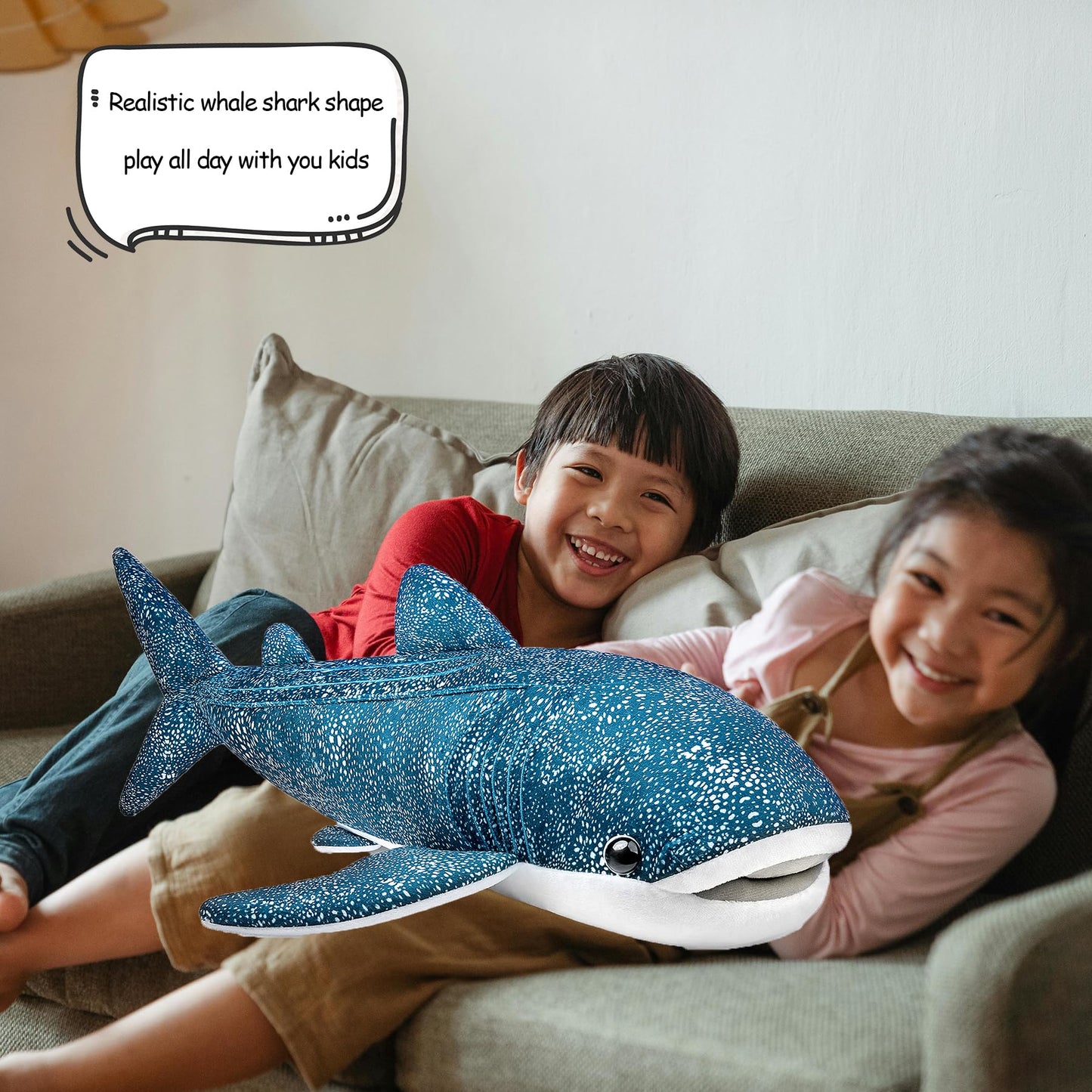 Tiny Heart Giant Whale Shark Plush Toy Soft Realistic Marine Animal Stuffed Doll Cute Big Fish Plush Pillow for Kids Boys Girls Birthday Home Bedroom