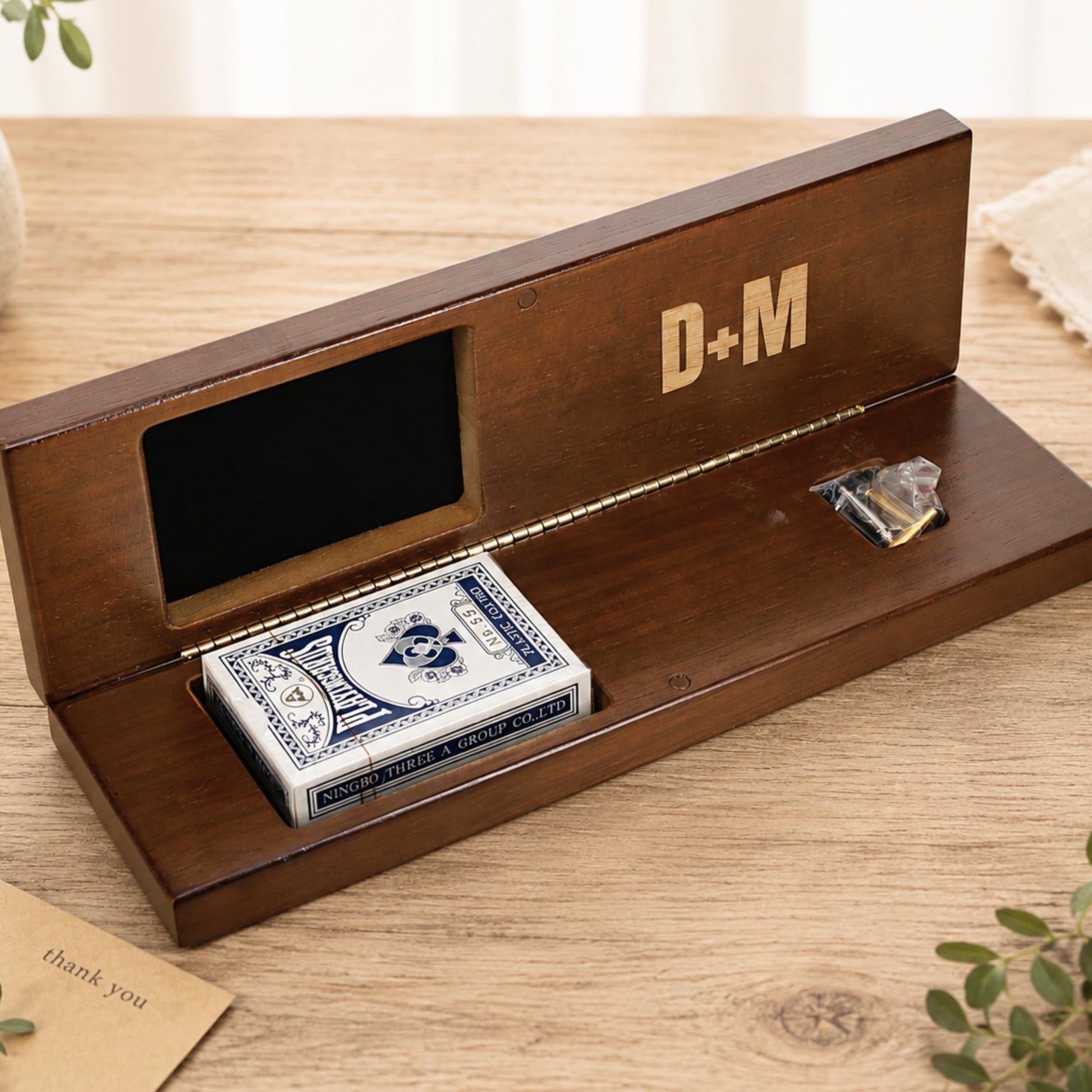WE Games Custom Engraved Wooden Cribbage Game Set Walnut Stain, Continuous 3 Track for 2-3 Players, Travel Cribbage Board with Card Storage, Classic