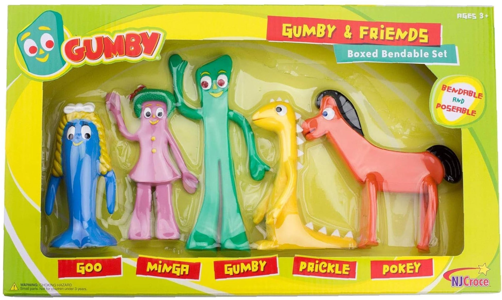 NJ Croce Gumby & Friends Bendable Action Figure Boxed Set Gumby, Pokey, Minga, Goo & Prickle Flexible and Poseable Classic Full Size Toy Set
