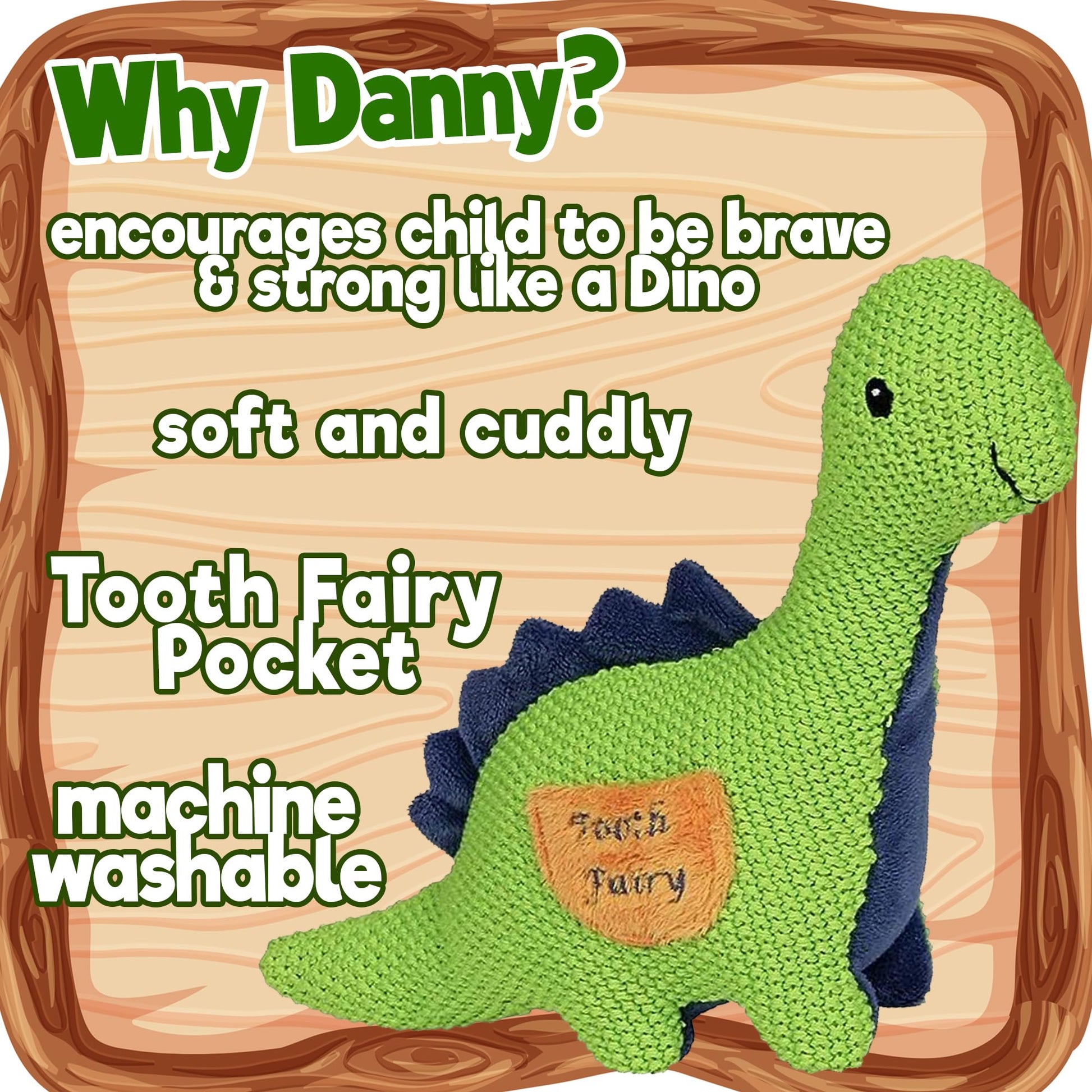 Maison Chic Danny the Dinosaur Tooth Fairy Pillow for Boys - Plush Green Dinosaur with Tooth Pocket for Boys and Girls
