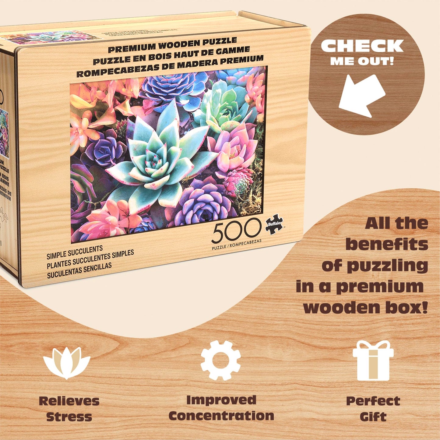 Buffalo Games - 500 Piece Wooden Jigsaw Puzzle Simple Succulents, Whimsy Cut Pieces, 26.75 x 19.75, Poster, Cloth Bag, Wooden Box, Adults 14+